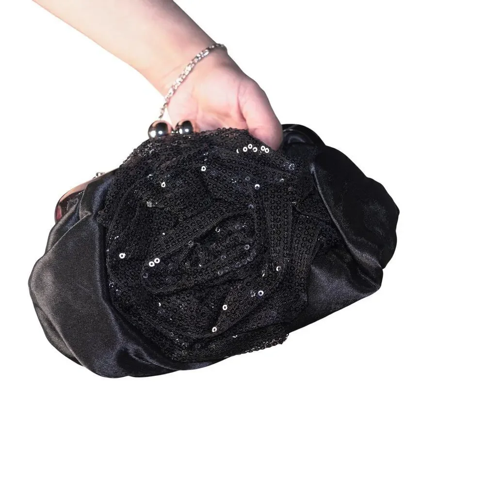 NWT Black Satin Lace & Sequin Rose Clutch Kiss Lock Holiday Evening Cottagecore